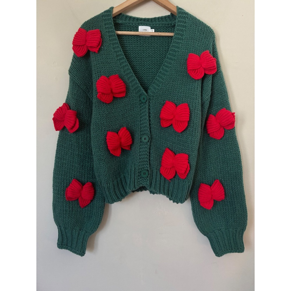 Luna Ivy Green Chunky Knit Cardigan Red 3D Bows V-Neck Sweater Holiday NWT Small